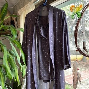 Satin polka dot pajama set with matching robe.